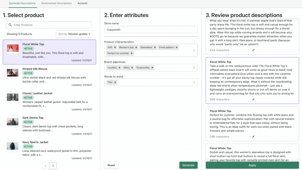 shopify ai product description writer by copysmith