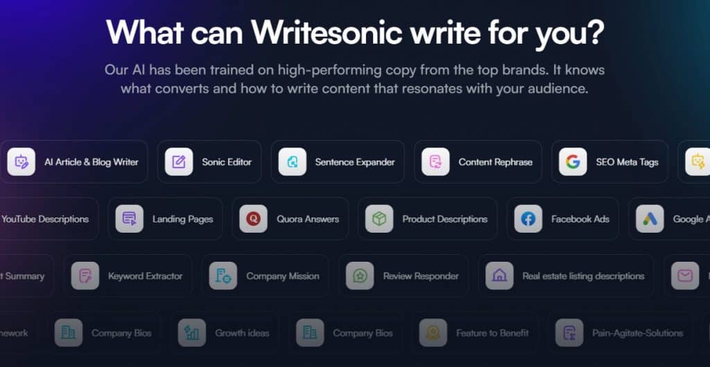 writesonic different templates and options